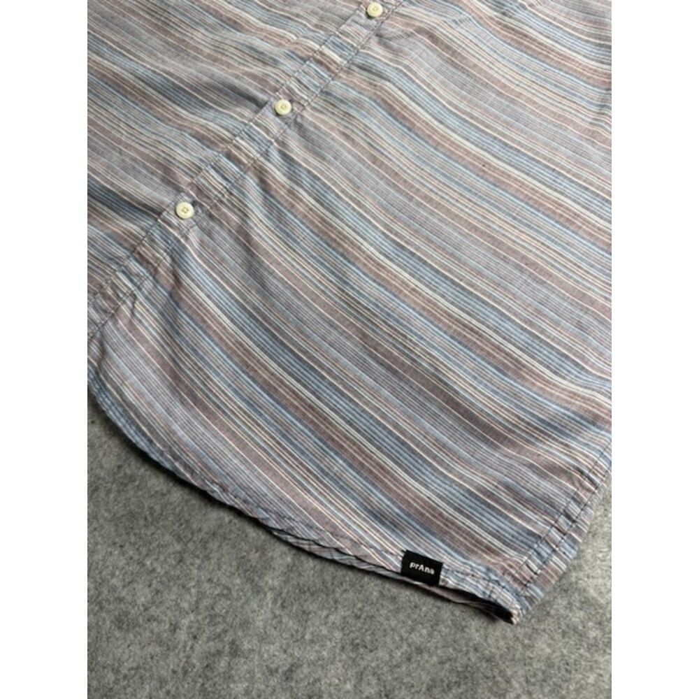 prAna Men's XL Organic Cotton Striped Short Sleeve Button Up Shirt Blue - Picture 6 of 7